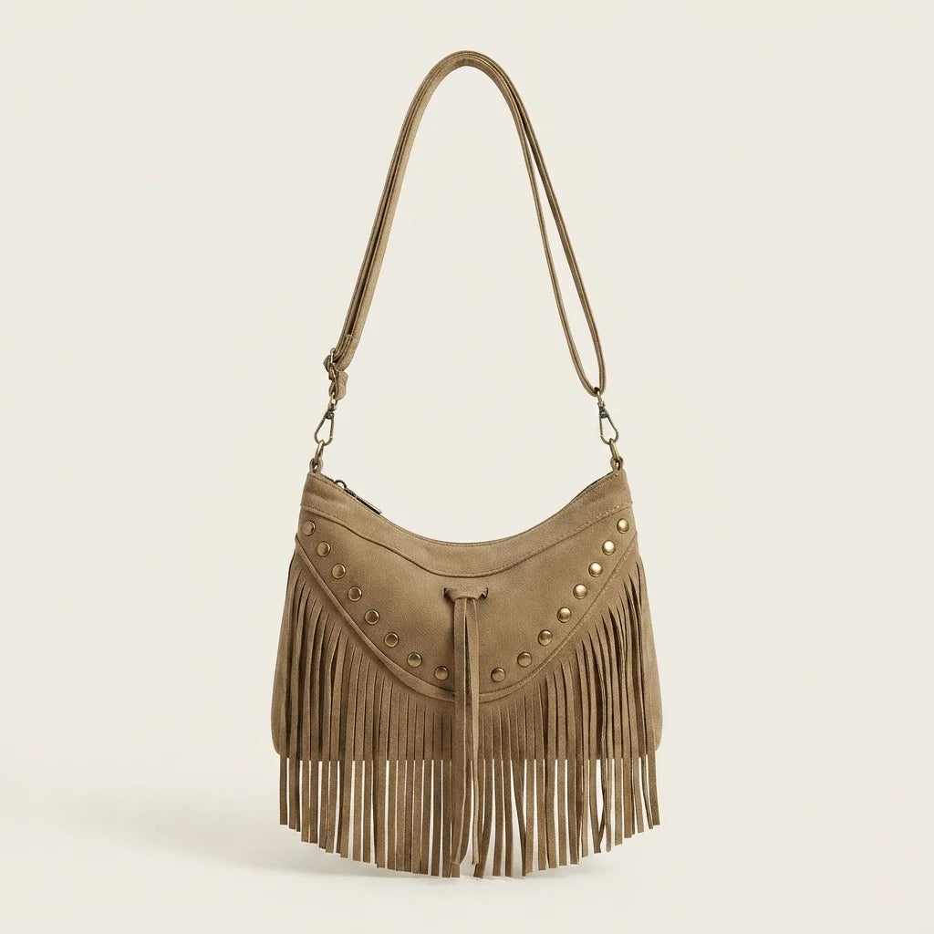 Khaki fringe tassel crossbody bag, front view