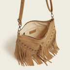 Interior lining and pockets of Khaki fringe tassel crossbody bag