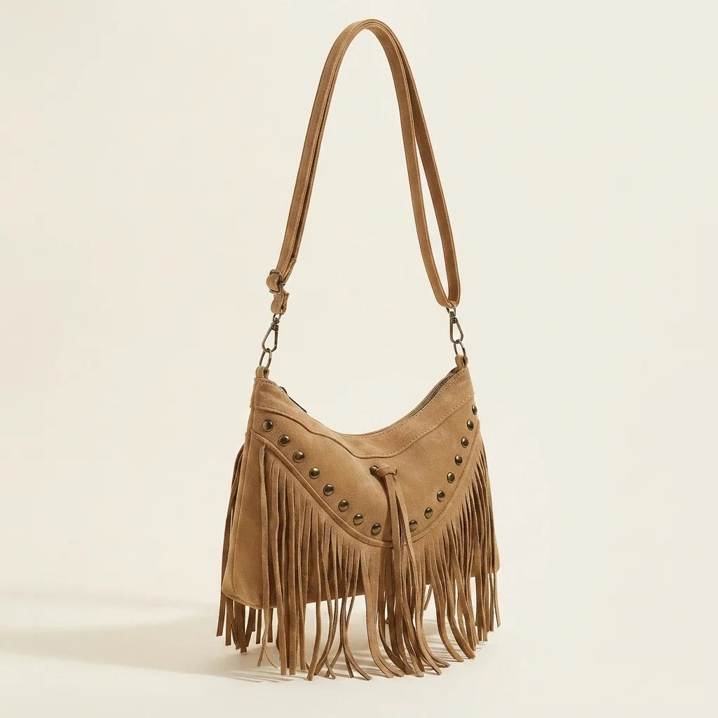 Khaki fringe tassel crossbody bag, three-quarter angle showing side depth