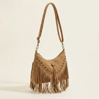 Khaki fringe tassel crossbody bag, three-quarter angle showing side depth