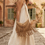 Woman wearing Khaki fringe tassel crossbody bag with swaying fringe