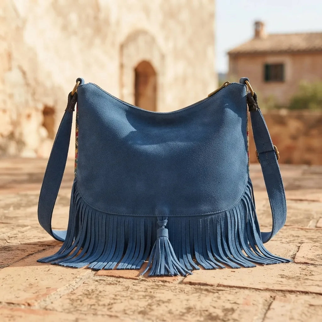 Back panel of Blue fringe tassel shoulder bag with strap attachments
