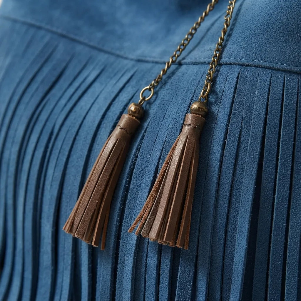 Close-up of fringe stitching and texture on Blue fringe tassel shoulder bag