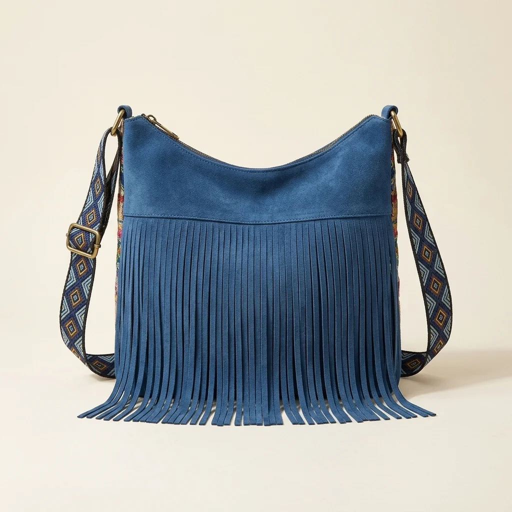 Blue fringe tassel shoulder bag, front view