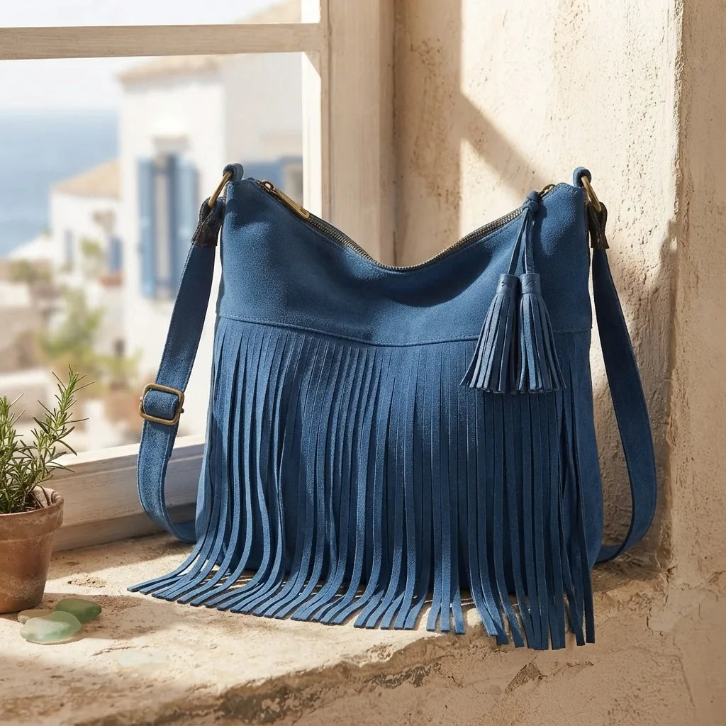 Blue fringe tassel shoulder bag styled in a warm Mediterranean setting