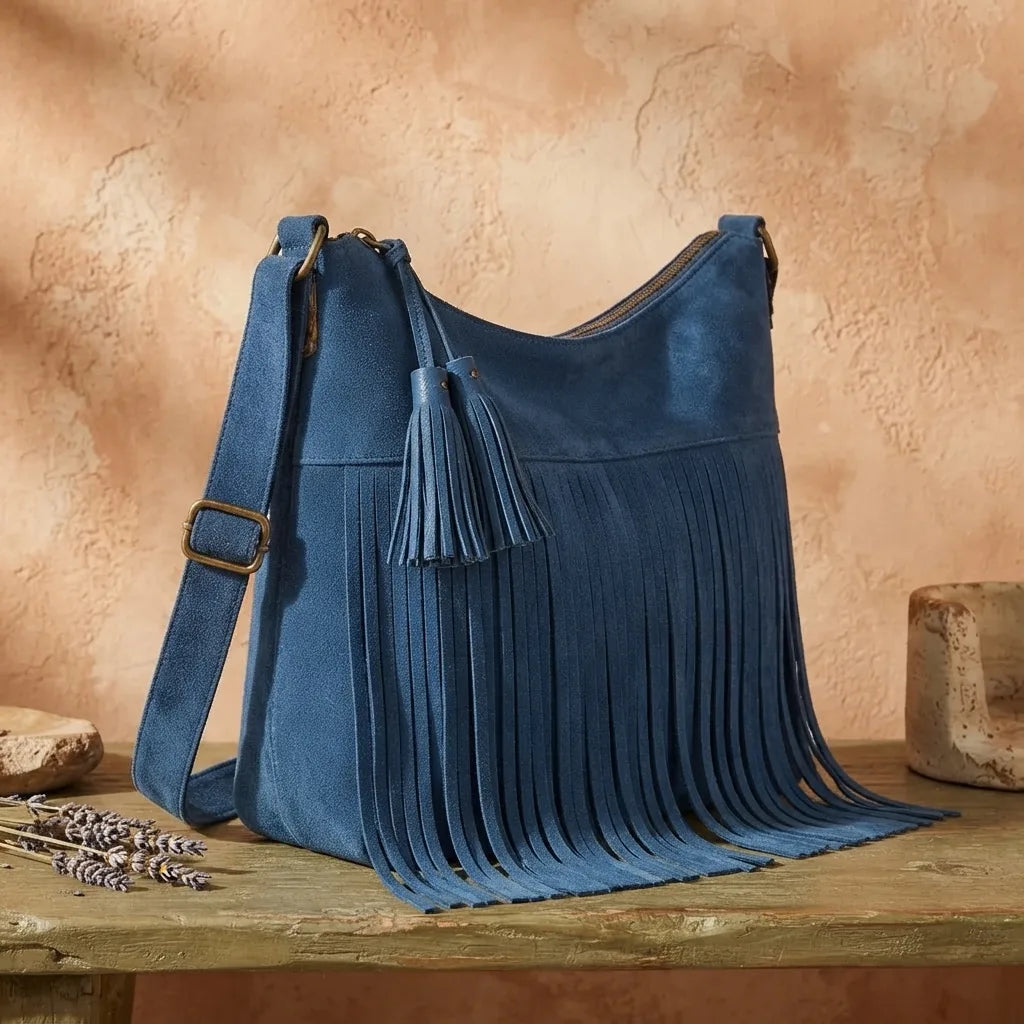 Blue fringe tassel shoulder bag, three-quarter angle showing side depth