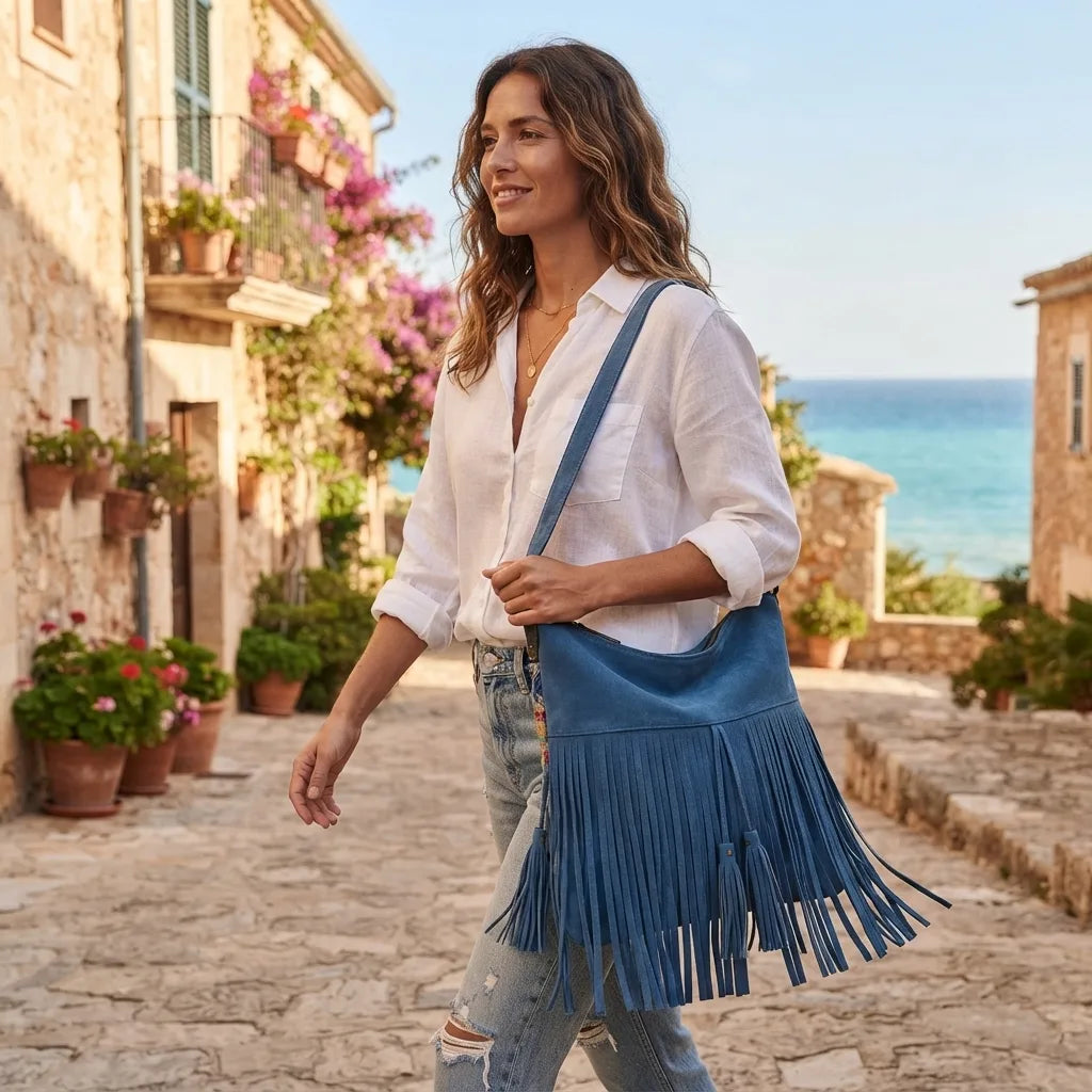 Woman wearing Blue fringe tassel shoulder bag with swaying fringe