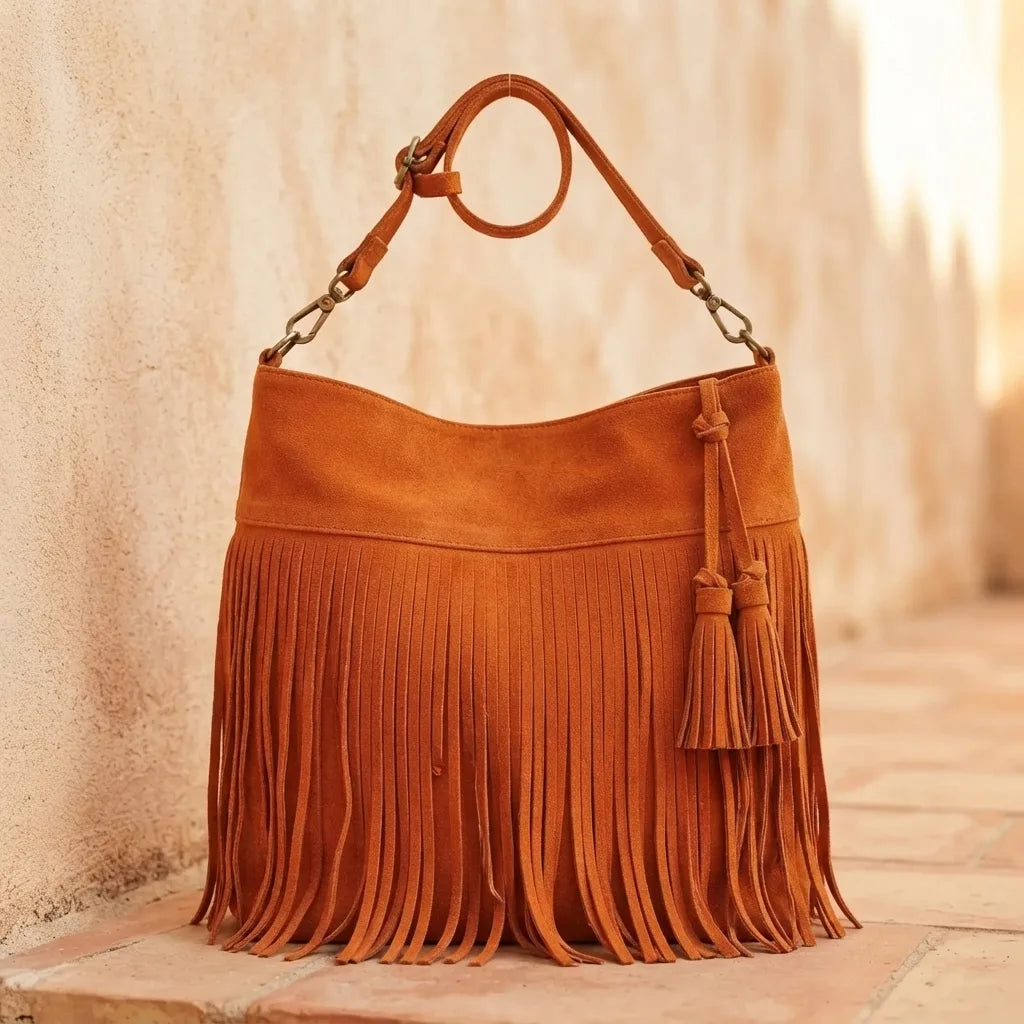 Back panel of Orange fringe tassel shoulder bag with strap attachments
