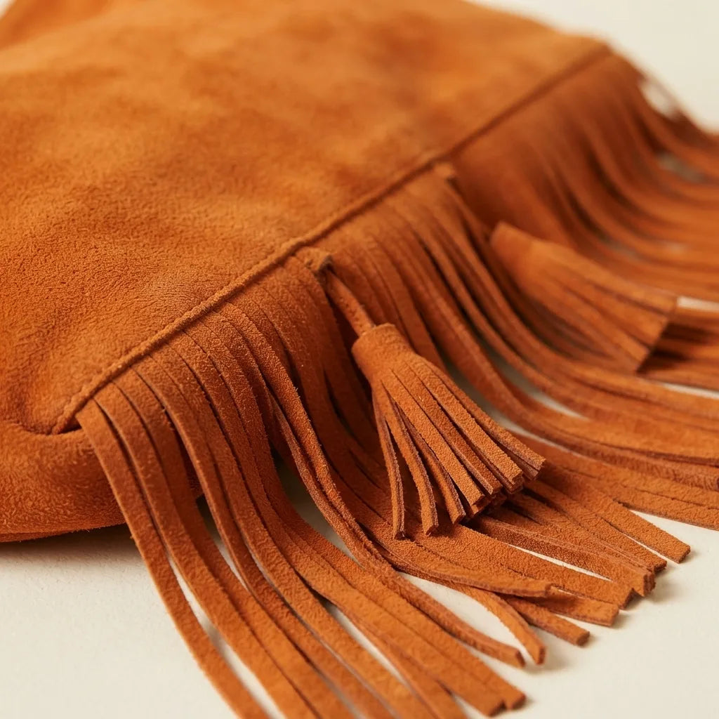 Close-up of fringe stitching and texture on Orange fringe tassel shoulder bag