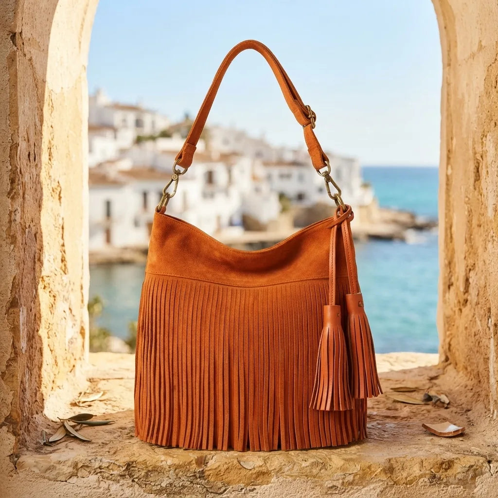 Orange fringe tassel shoulder bag styled in a warm Mediterranean setting