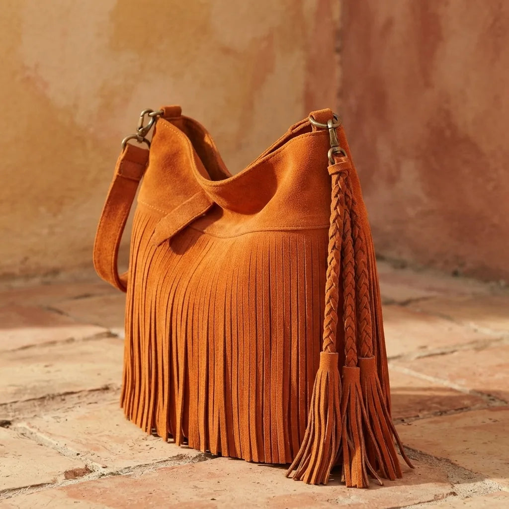Orange fringe tassel shoulder bag, three-quarter angle showing side depth