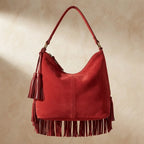 Back panel of Red fringe tassel shoulder bag with strap attachments