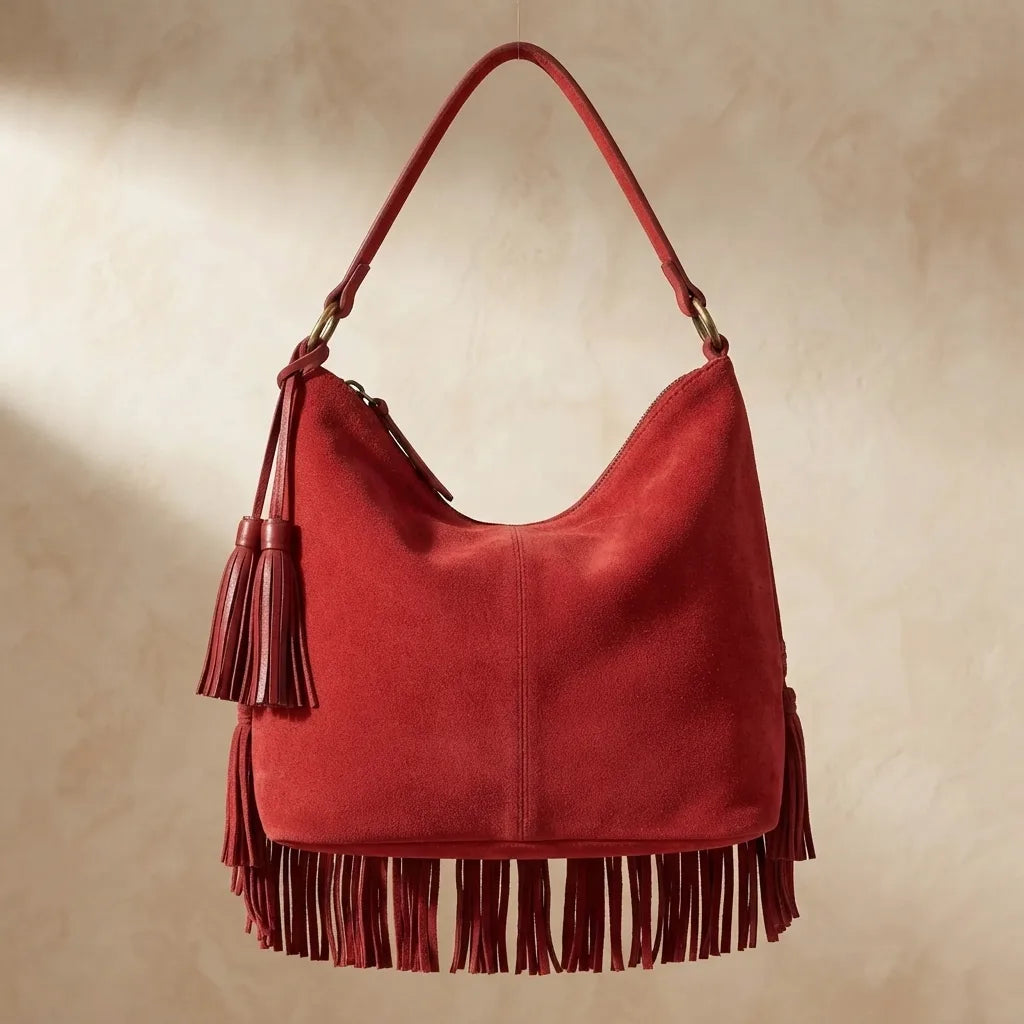 Back panel of Red fringe tassel shoulder bag with strap attachments