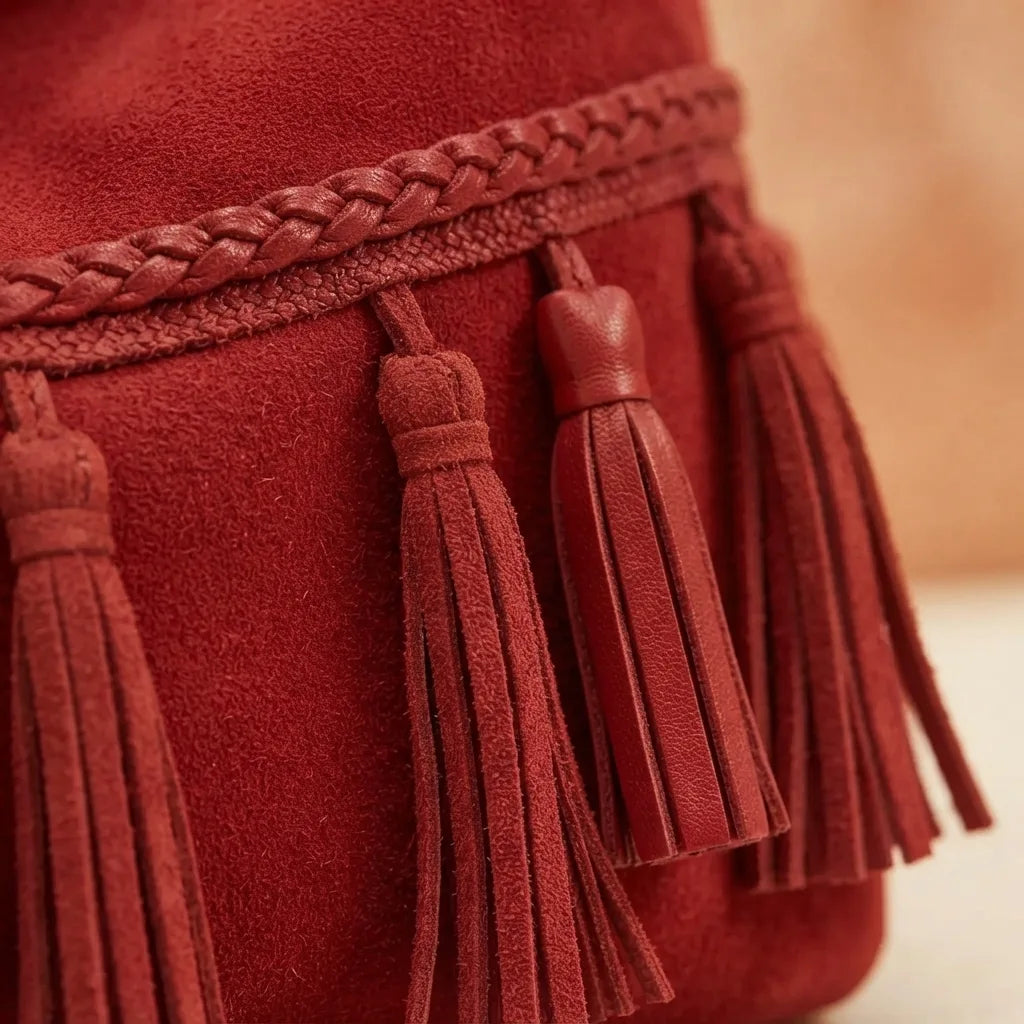 Close-up of fringe stitching and texture on Red fringe tassel shoulder bag