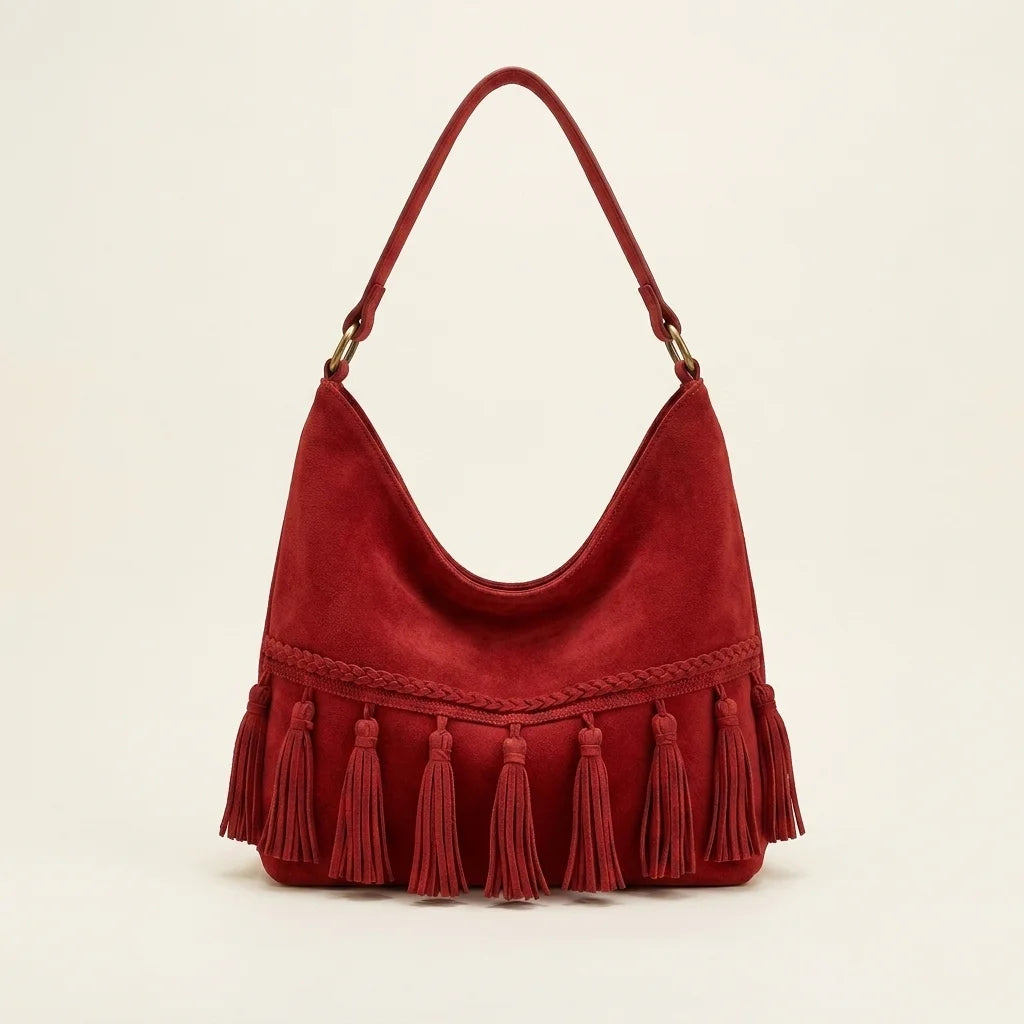 Red fringe tassel shoulder bag, front view