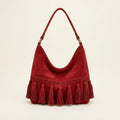 Red fringe tassel shoulder bag, front view