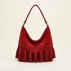 Red fringe tassel shoulder bag, front view