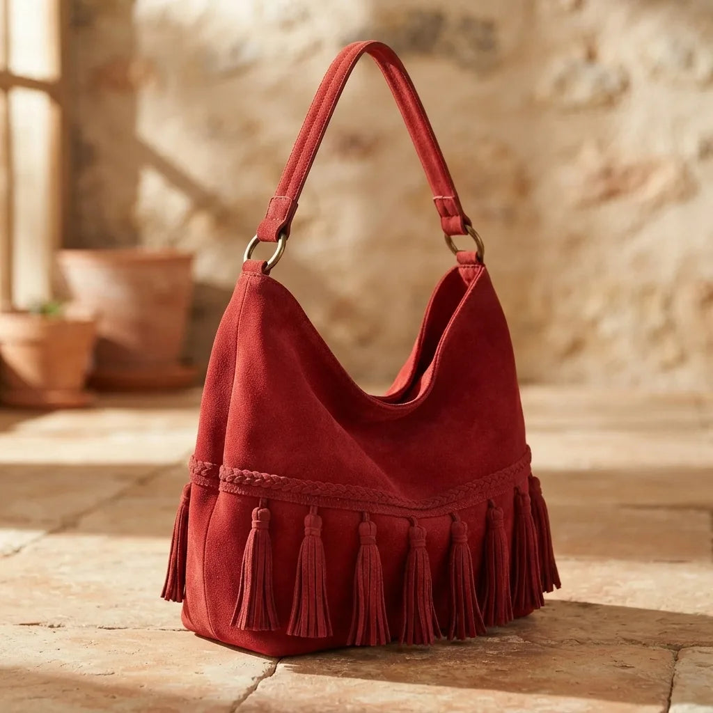 Red fringe tassel shoulder bag, three-quarter angle showing side depth