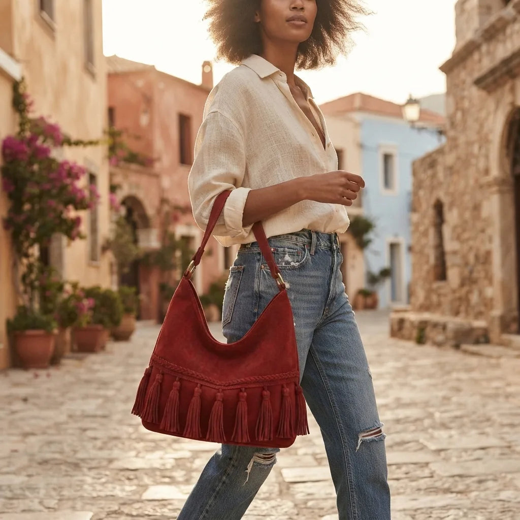 Woman wearing Red fringe tassel shoulder bag with swaying fringe