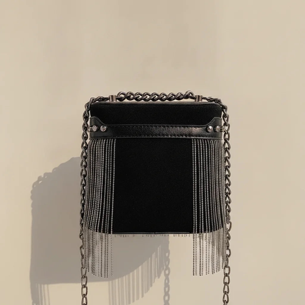 Back panel of Black fringe tassel small bag with strap attachments