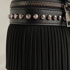 Close-up of fringe stitching and texture on Black fringe tassel small bag