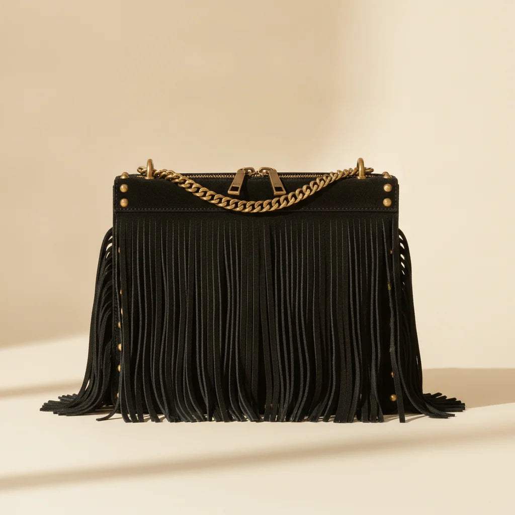 Black fringe tassel small bag, front view