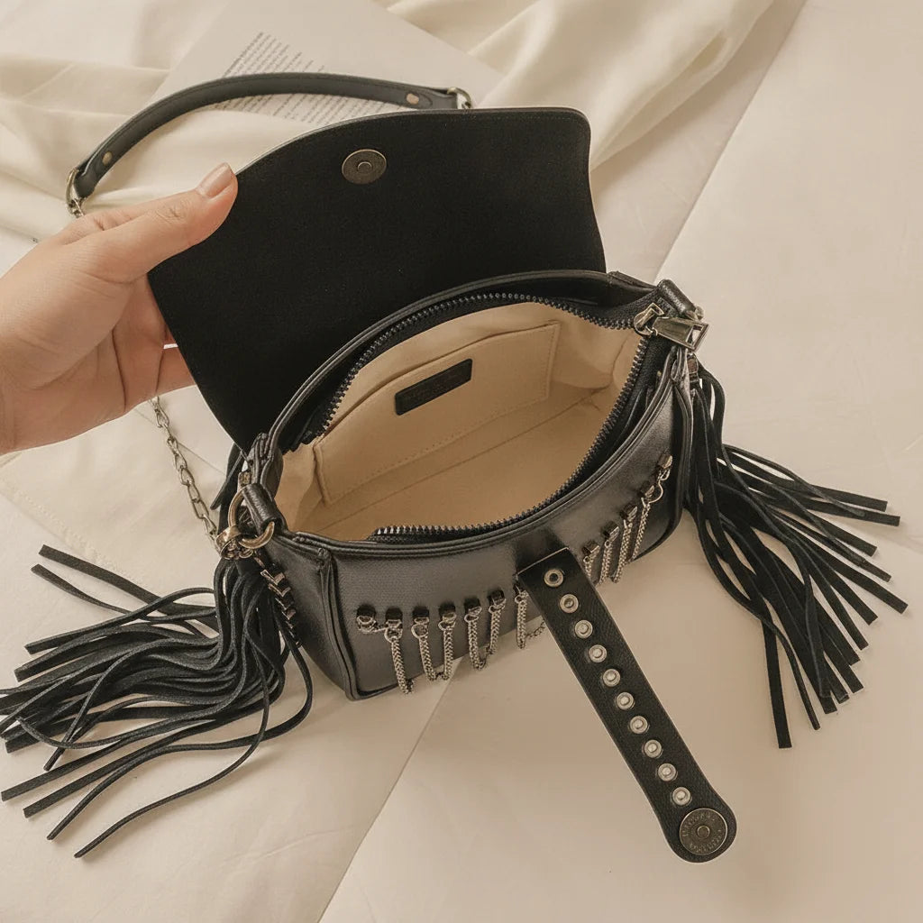 Interior lining and pockets of Black fringe tassel small bag