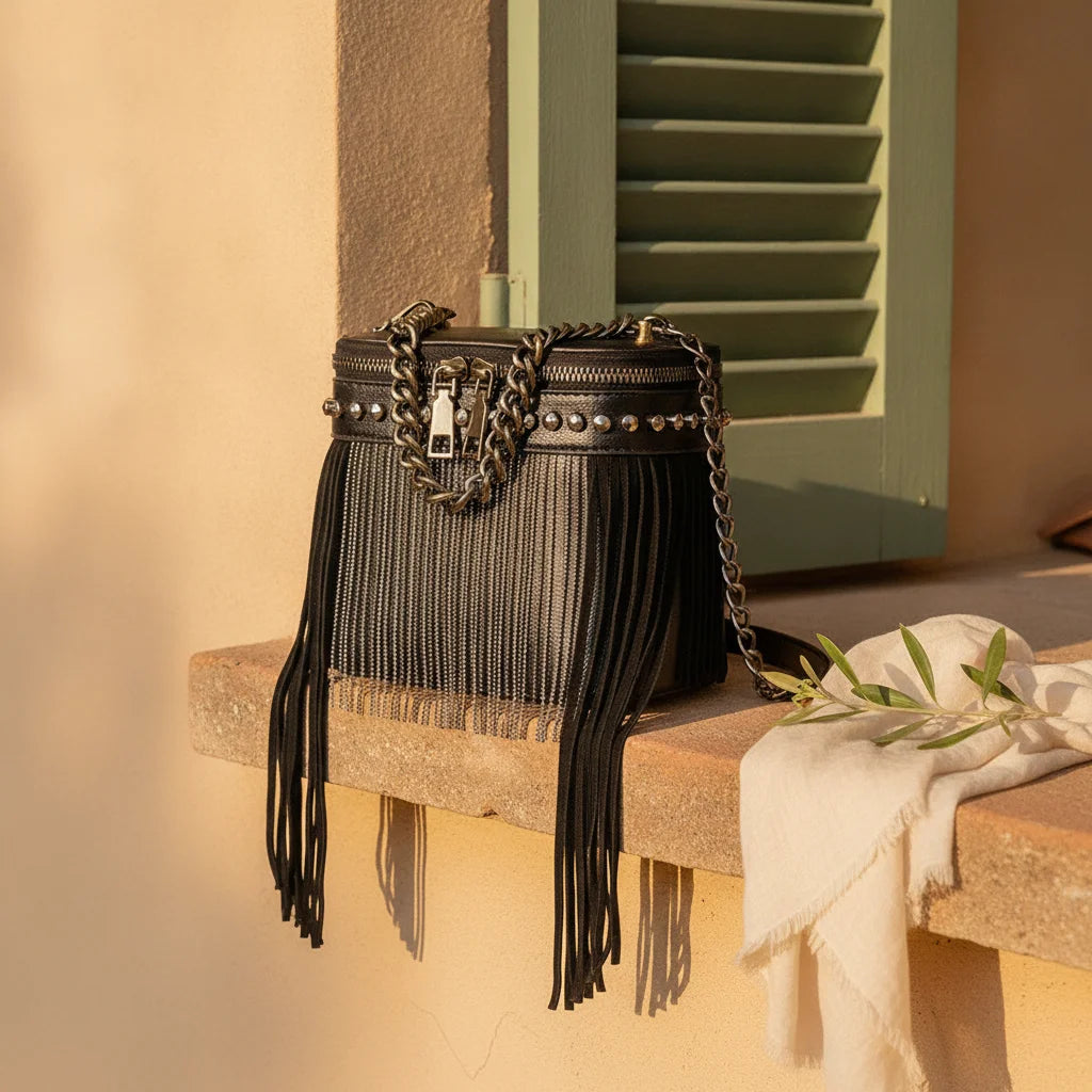 Black fringe tassel small bag styled in a warm Mediterranean setting