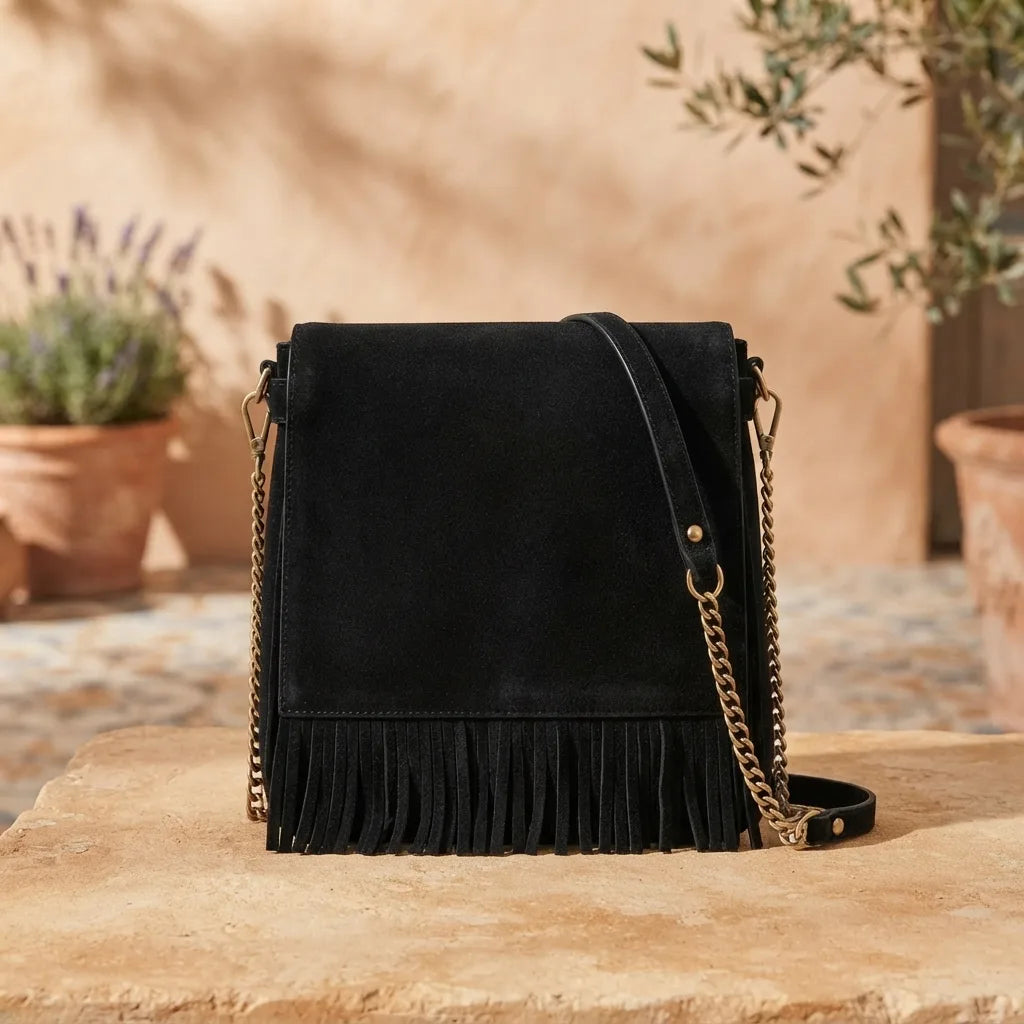 Back panel of black fringed-shoulder-bag-black-and-white with strap attachments