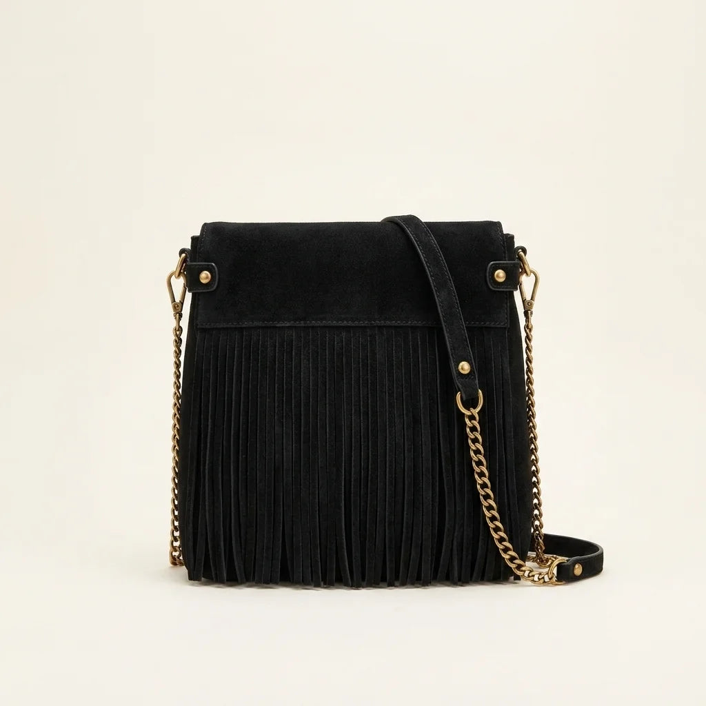 Black fringed shoulder bag black and white, front view