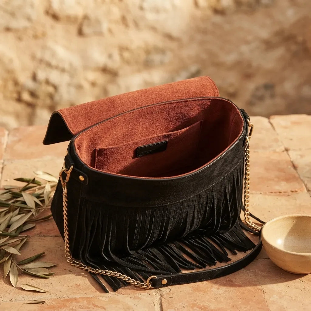 Interior lining and pockets of black fringed-shoulder-bag-black-and-white
