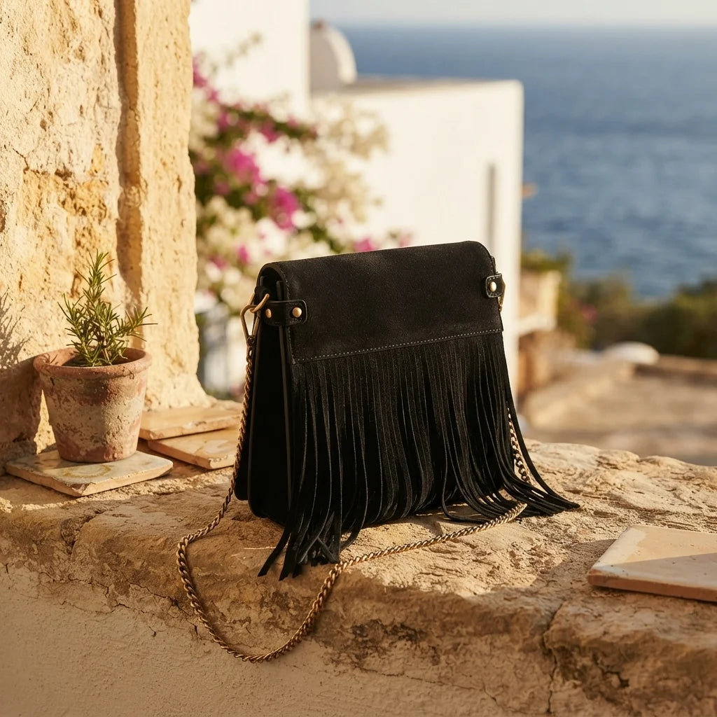 Black fringed shoulder bag black and white styled in a warm Mediterranean setting