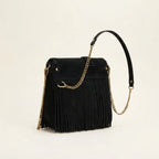 black fringed-shoulder-bag-black-and-white, three-quarter angle showing side depth