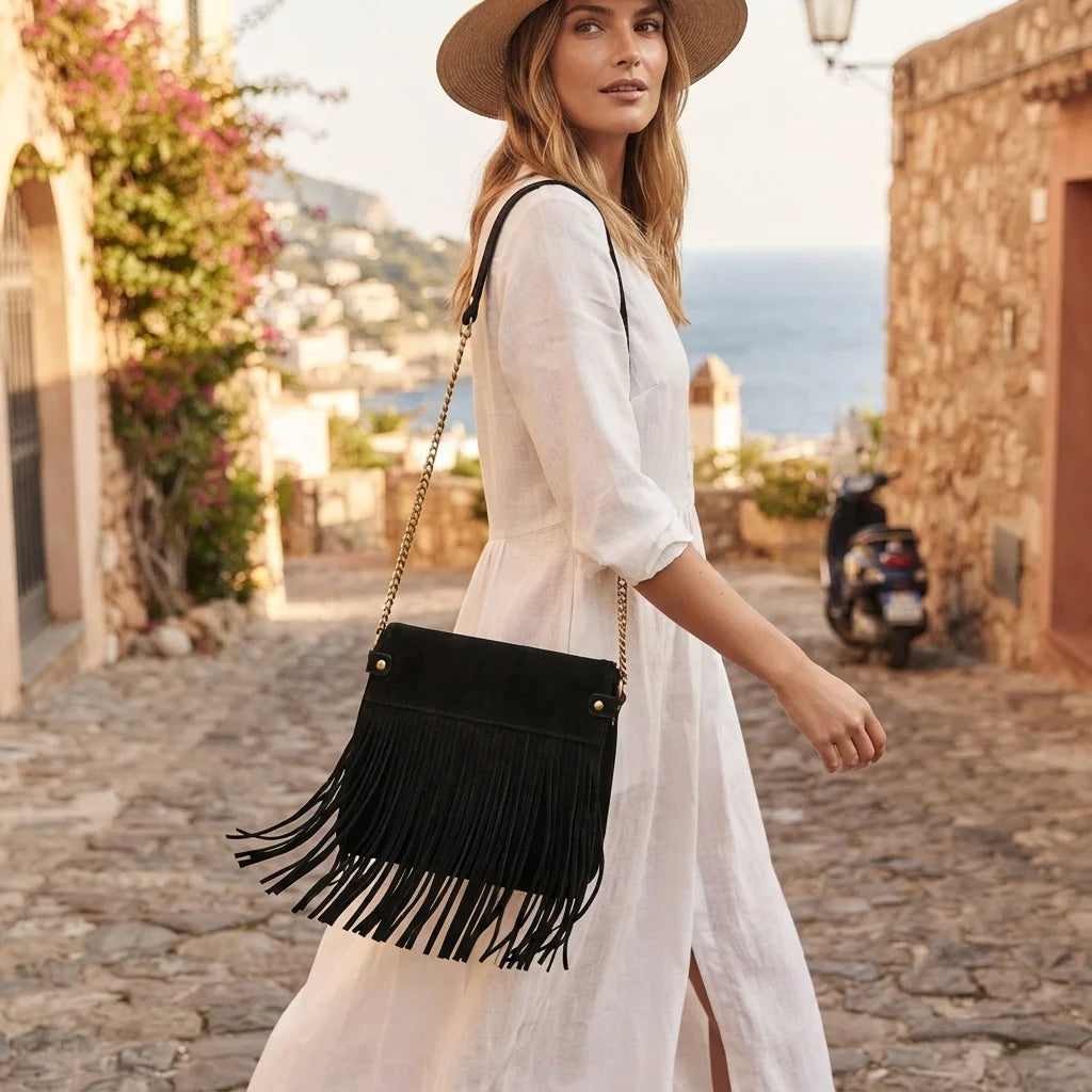 Woman wearing Black fringed shoulder bag black and white with swaying fringe