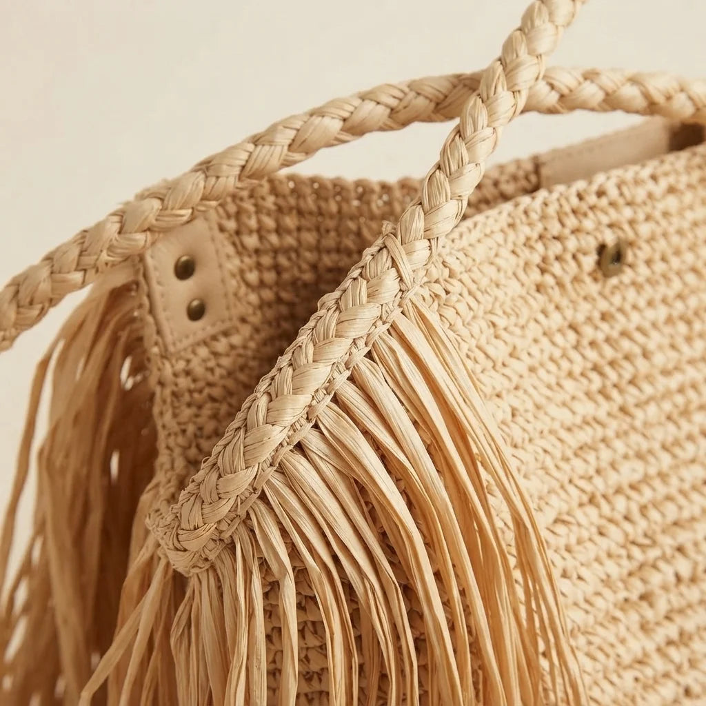 Close-up of fringe stitching and texture on Natural fringed straw tote bag