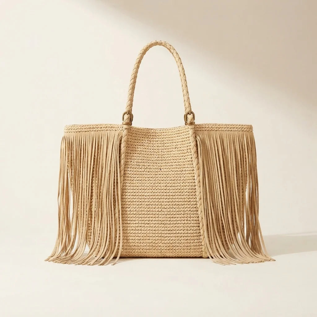 Natural fringed straw tote bag, front view