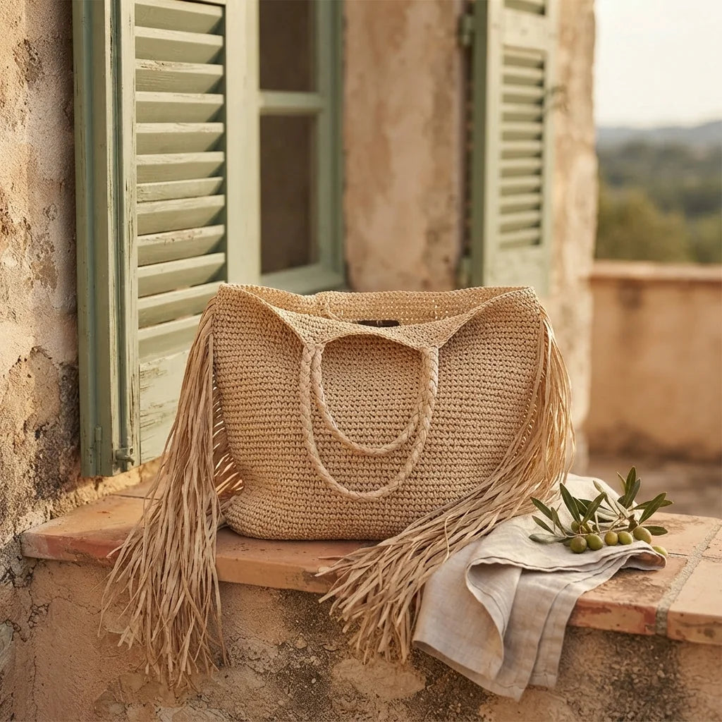 Natural fringed straw tote bag styled in a warm Mediterranean setting