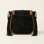 Back panel of Black fringed suede sling bag with strap attachments