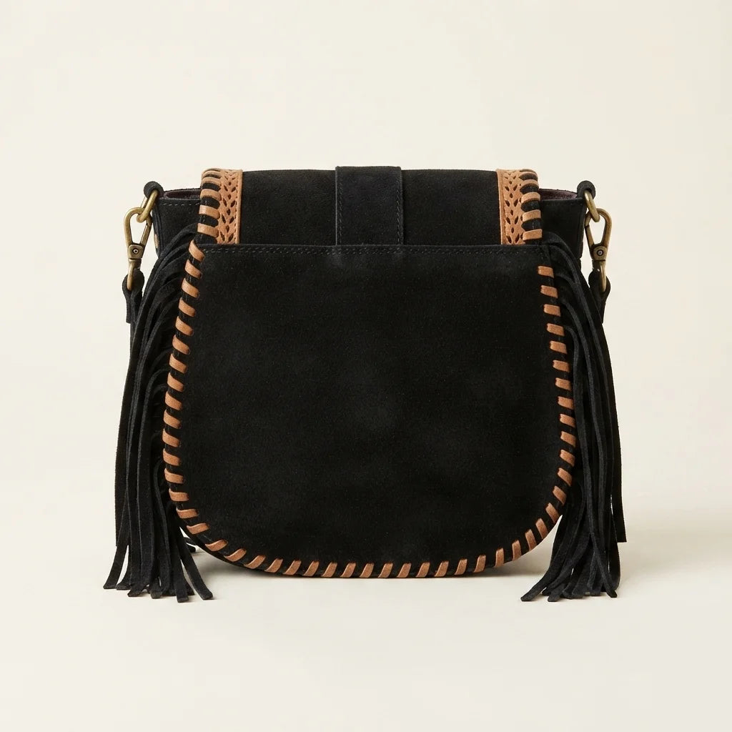 Back panel of Black fringed suede sling bag with strap attachments