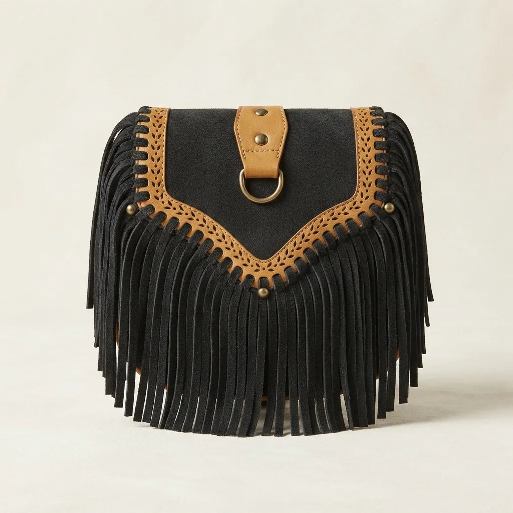 Black fringed suede sling bag, front view