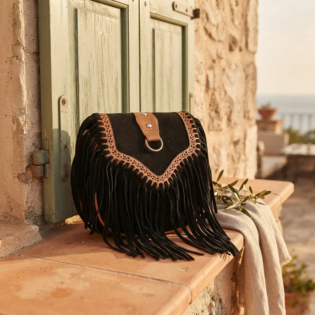 Black fringed suede sling bag styled in a warm Mediterranean setting