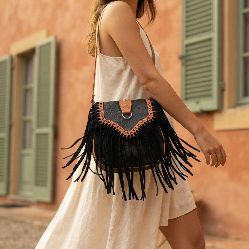 Woman wearing Black fringed suede sling bag with swaying fringe