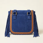 Back panel of Blue fringed suede sling bag with strap attachments