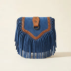 Blue fringed suede sling bag, front view