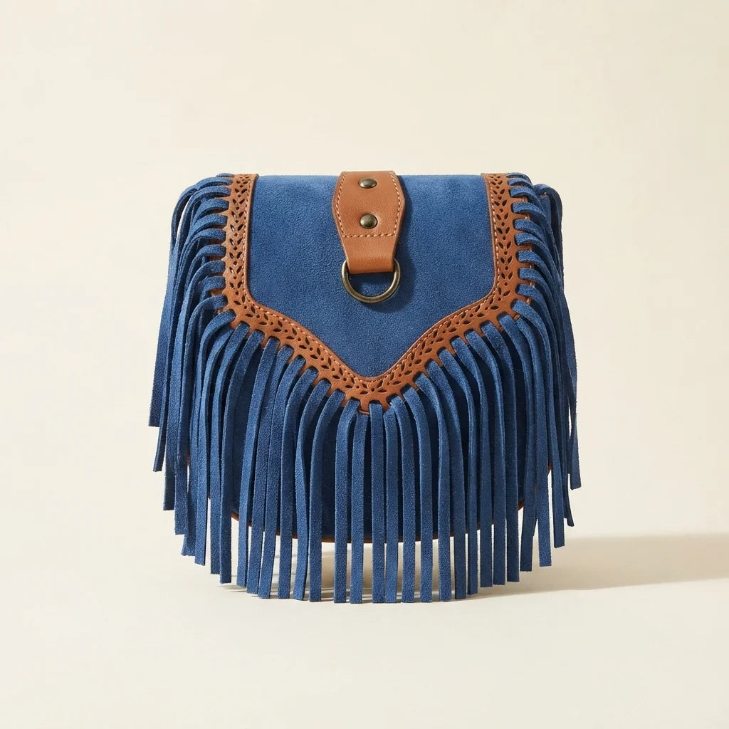 Blue fringed suede sling bag, front view
