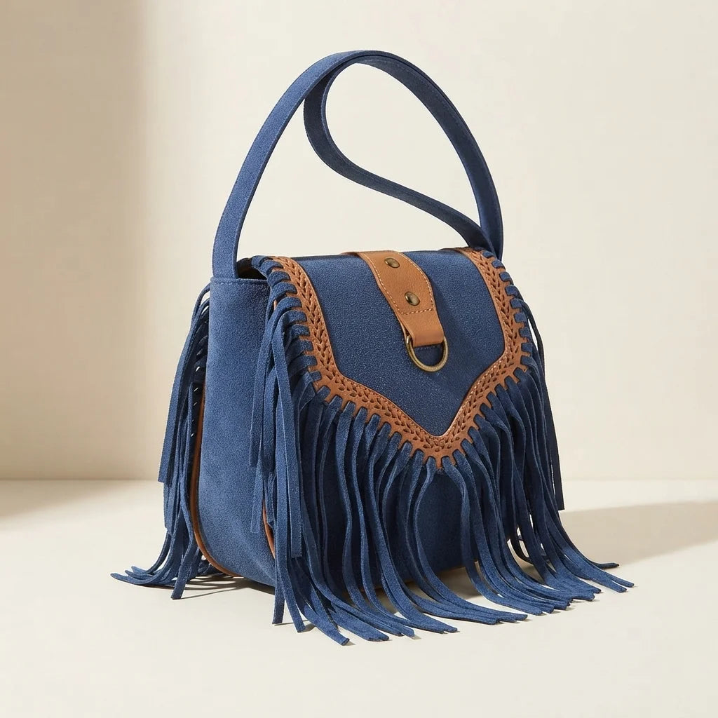 Blue fringed suede sling bag, three-quarter angle showing side depth