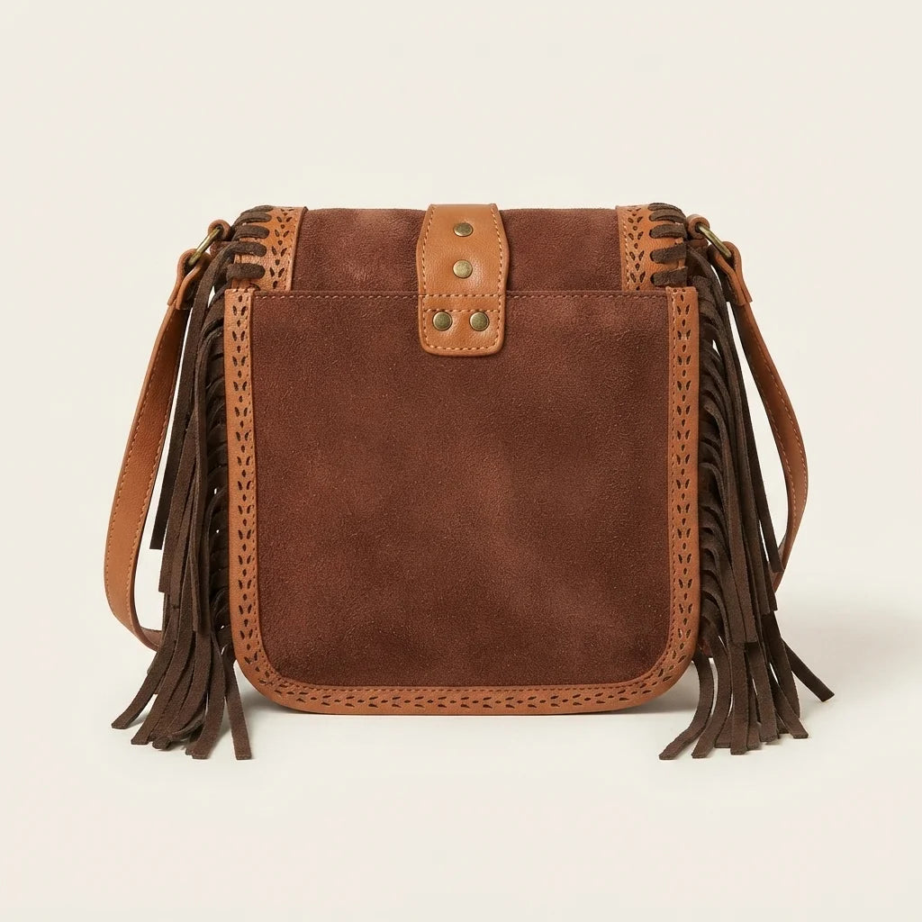 Back panel of Brown fringed suede sling bag with strap attachments