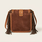 Back panel of Brown fringed suede sling bag with strap attachments