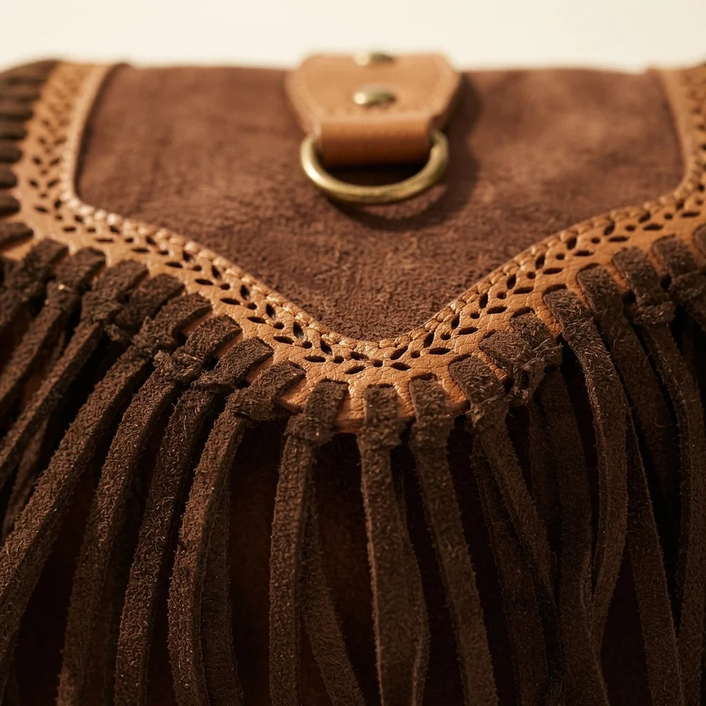 Close-up of fringe stitching and texture on Brown fringed suede sling bag