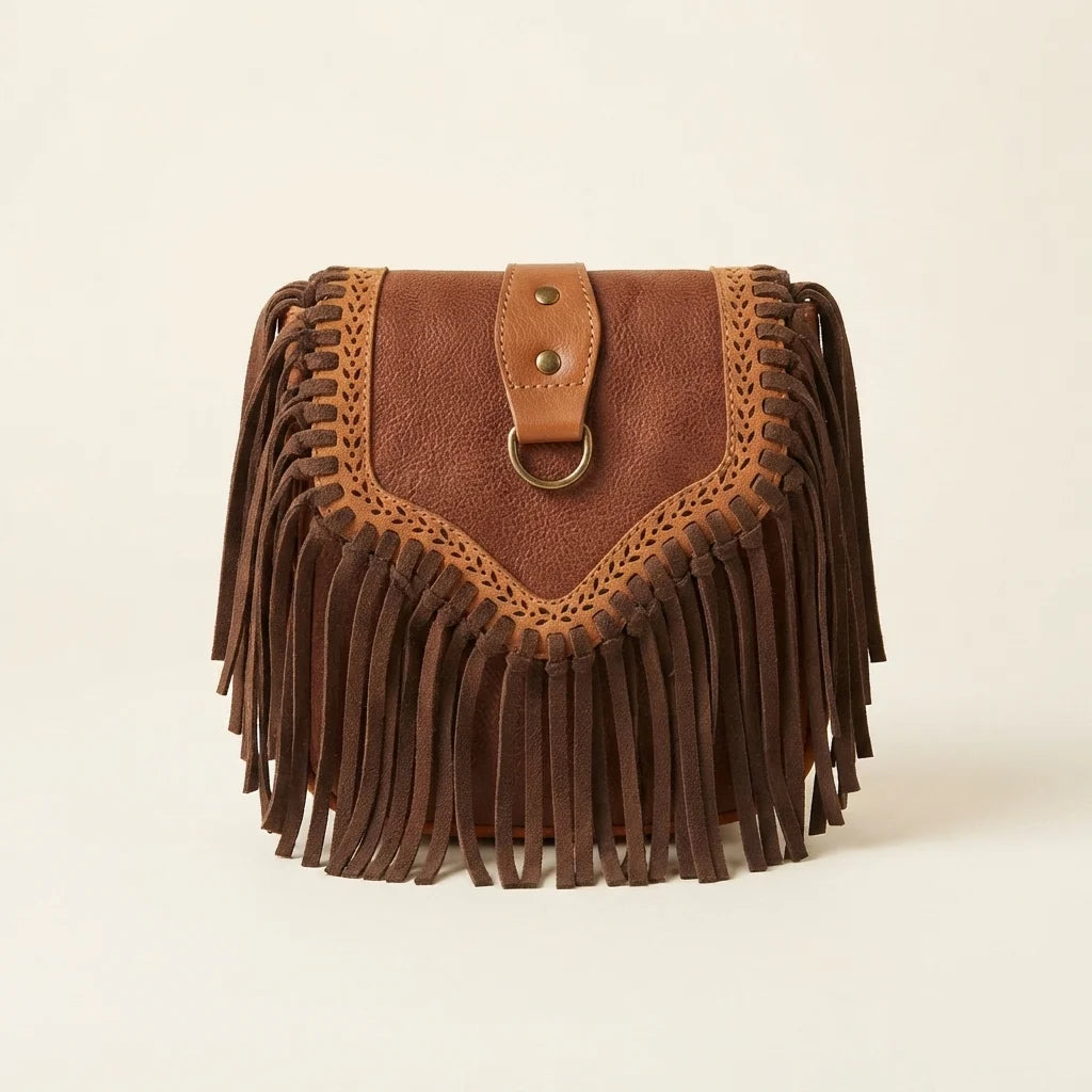 Brown fringed suede sling bag, front view
